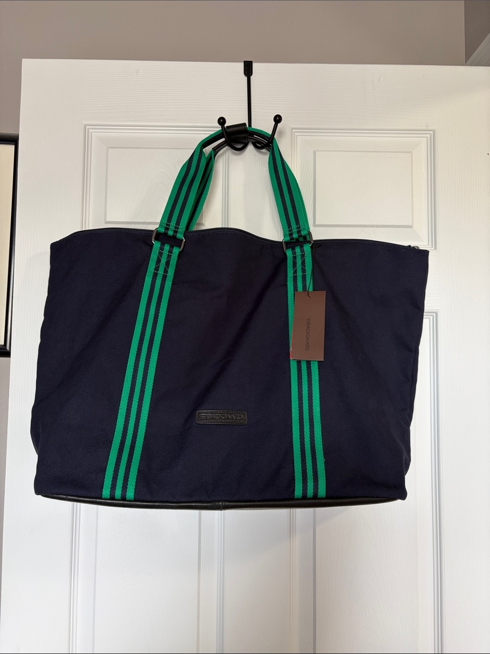 Baekgaard Tom Zipper Tote Navy Canvas Tote with Green Stripe Handles